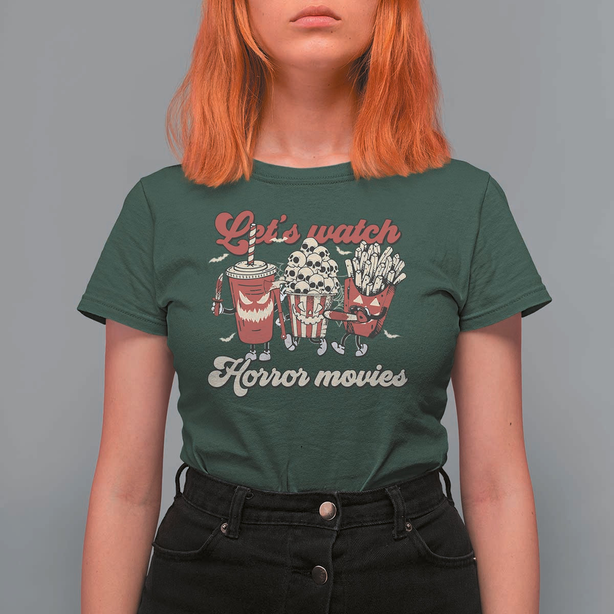 Funny Halloween T Shirt For Women Let's Watch Horror Movies Popcorn Drinks Murderer Bat - Wonder Print Shop