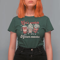 Funny Halloween T Shirt For Women Let's Watch Horror Movies Popcorn Drinks Murderer Bat - Wonder Print Shop