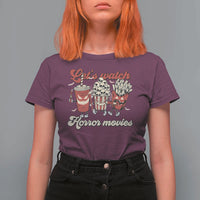 Funny Halloween T Shirt For Women Let's Watch Horror Movies Popcorn Drinks Murderer Bat - Wonder Print Shop