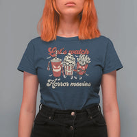 Funny Halloween T Shirt For Women Let's Watch Horror Movies Popcorn Drinks Murderer Bat - Wonder Print Shop