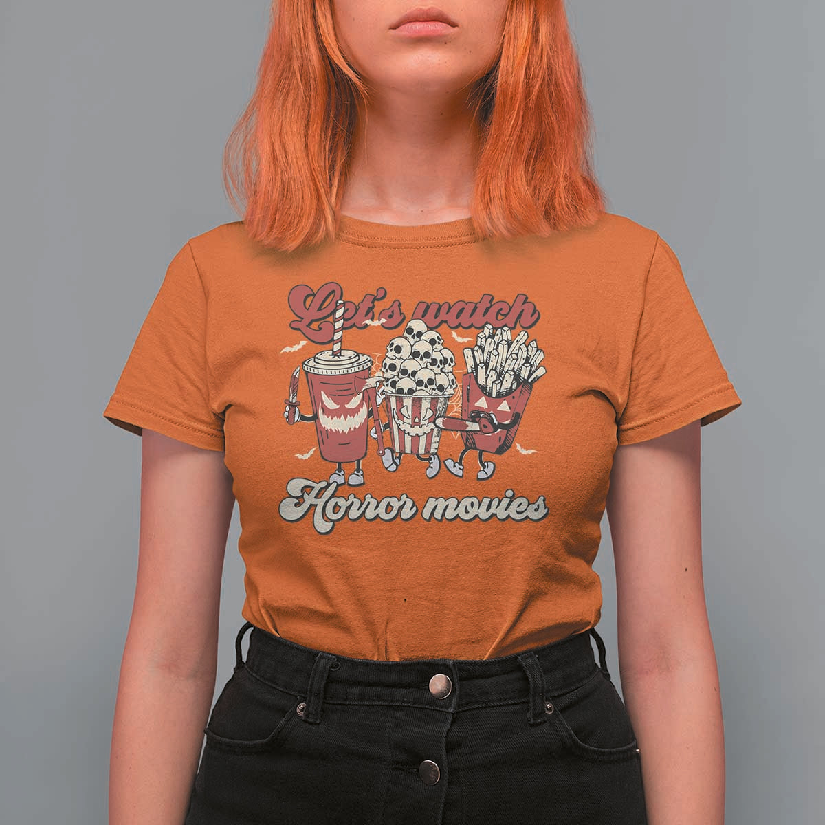 Funny Halloween T Shirt For Women Let's Watch Horror Movies Popcorn Drinks Murderer Bat - Wonder Print Shop