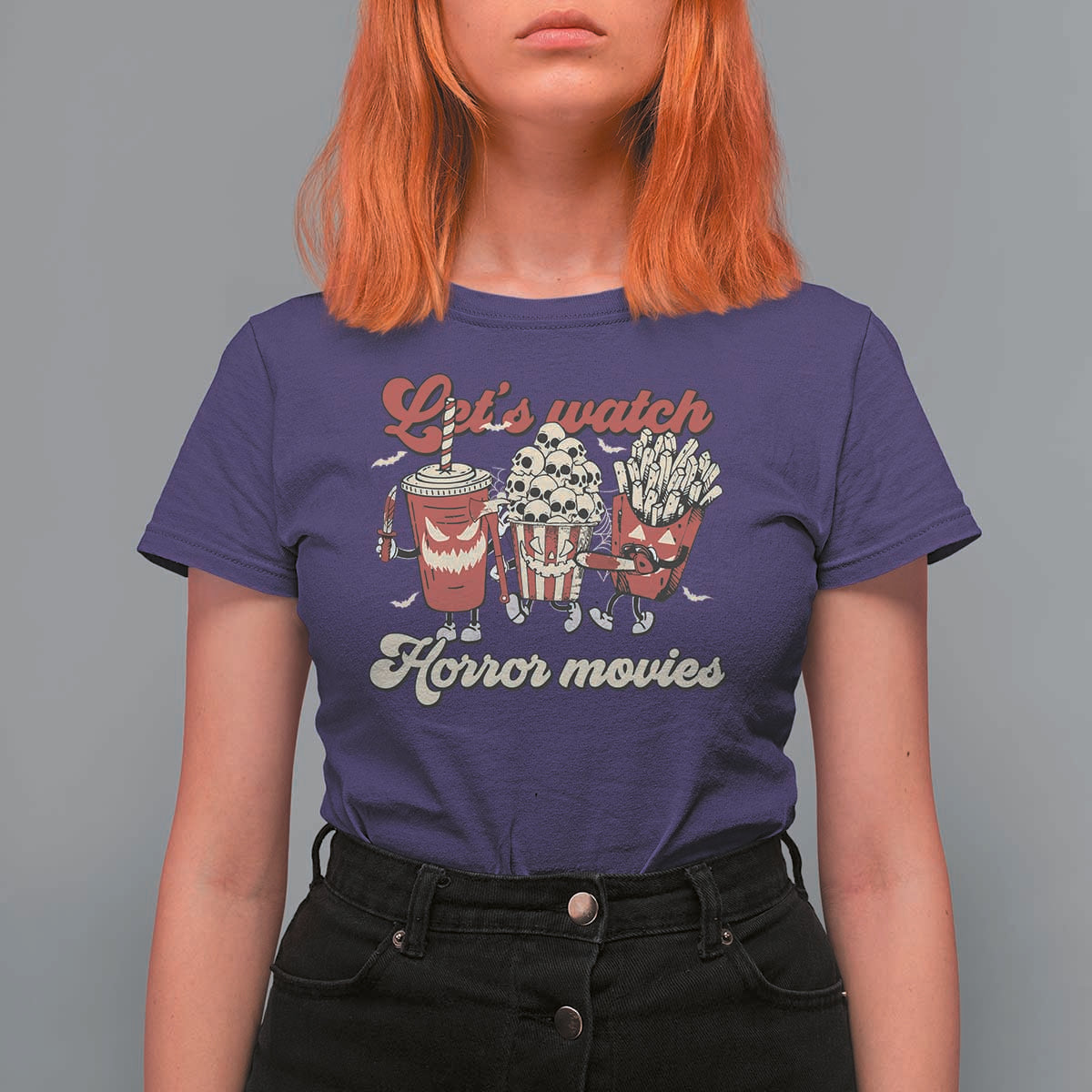 Funny Halloween T Shirt For Women Let's Watch Horror Movies Popcorn Drinks Murderer Bat - Wonder Print Shop