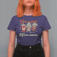 Funny Halloween T Shirt For Women Let's Watch Horror Movies Popcorn Drinks Murderer Bat - Wonder Print Shop