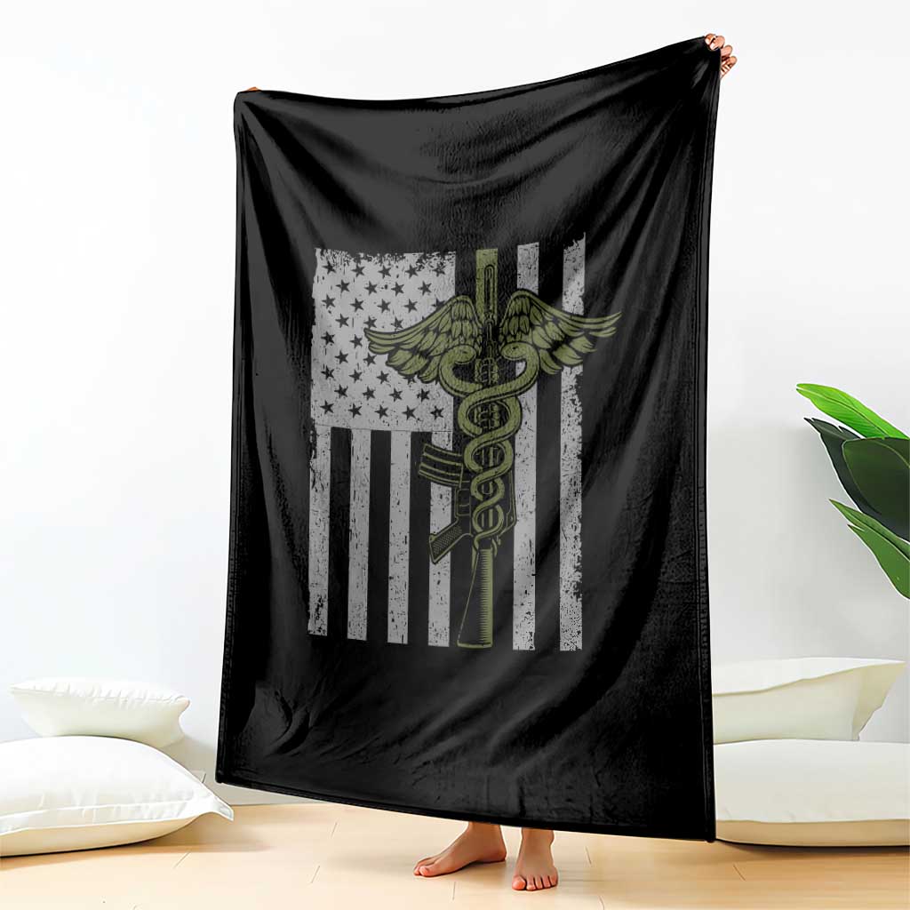 Combat Medic Soldier Throw Blanket Caduceus Vintage American Flag - Wonder Print Shop