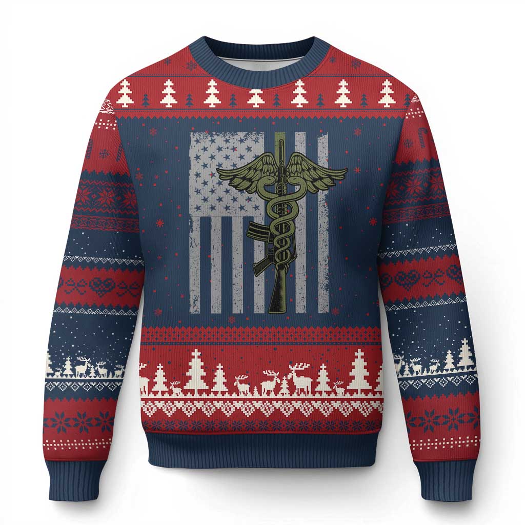 Combat Medic Soldier Ugly Christmas Sweater Caduceus Vintage American Flag - Wonder Print Shop