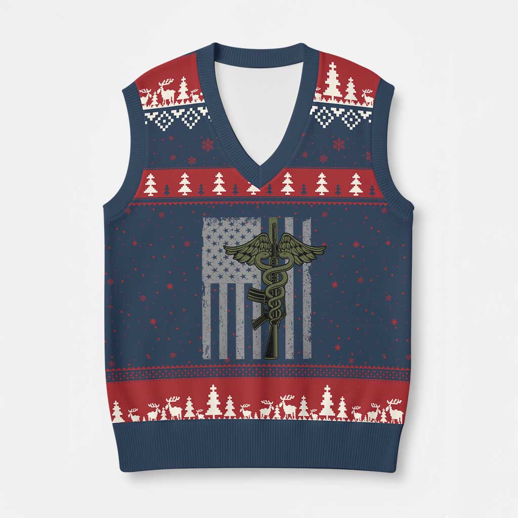 Combat Medic Soldier V-Neck Knit Sweater Vest Caduceus Vintage American Flag - Wonder Print Shop