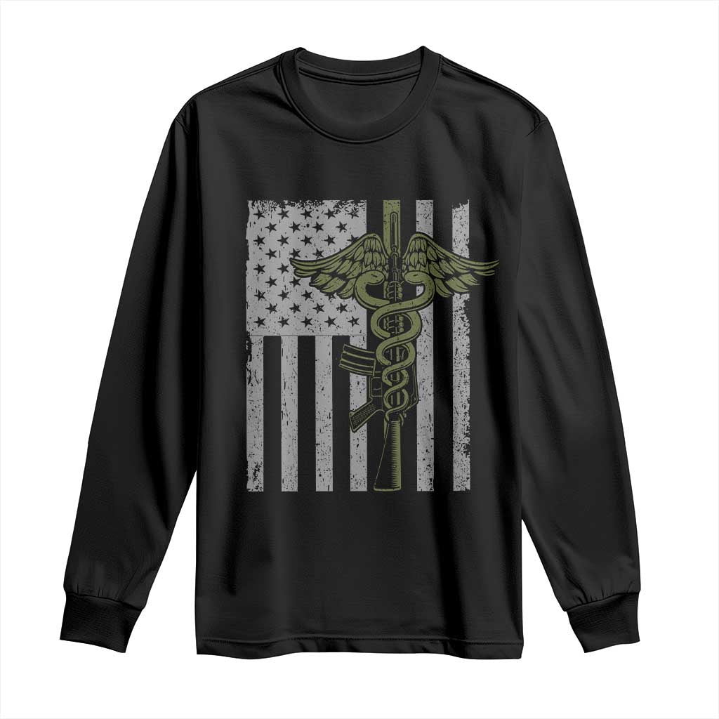 Combat Medic Soldier Long Sleeve Shirt Caduceus Vintage American Flag - Wonder Print Shop