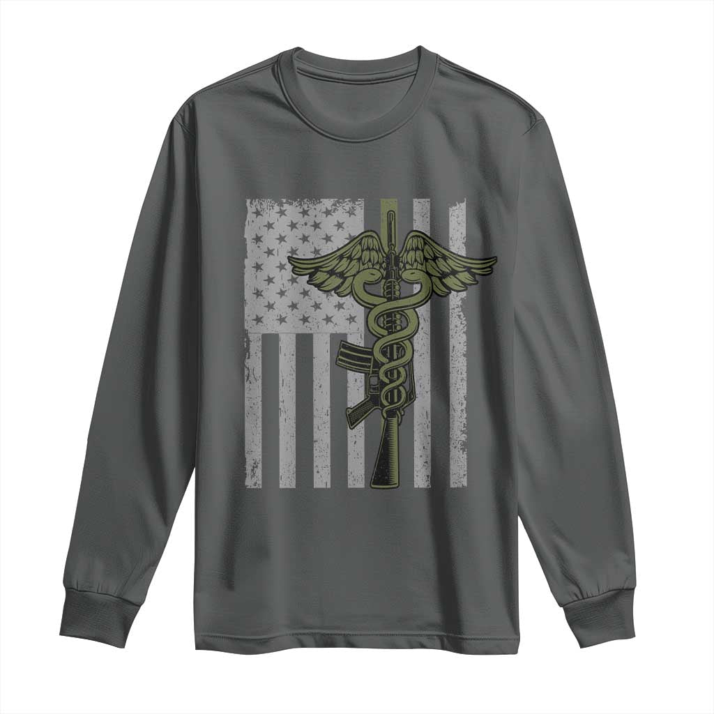 Combat Medic Soldier Long Sleeve Shirt Caduceus Vintage American Flag - Wonder Print Shop