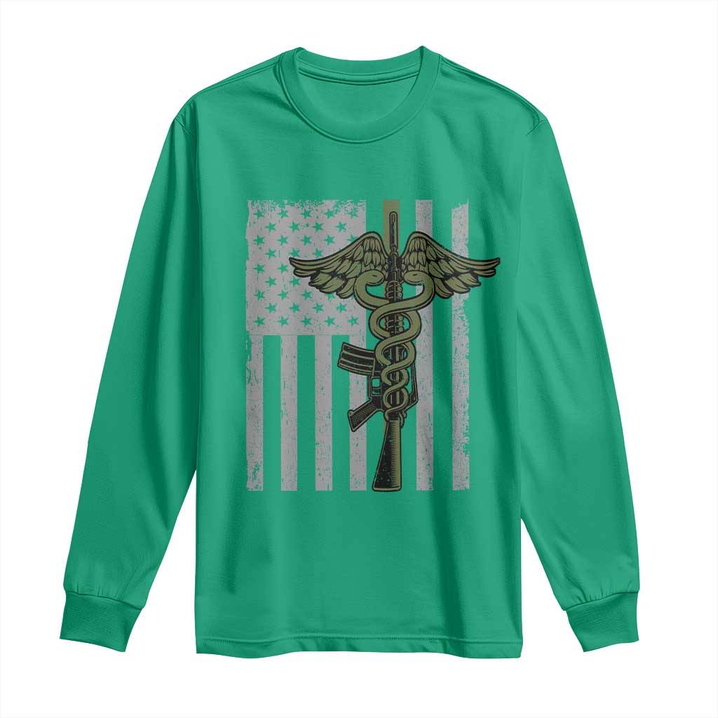 Combat Medic Soldier Long Sleeve Shirt Caduceus Vintage American Flag - Wonder Print Shop