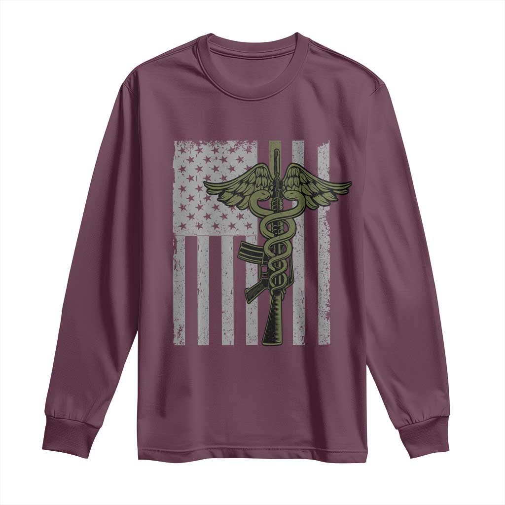 Combat Medic Soldier Long Sleeve Shirt Caduceus Vintage American Flag - Wonder Print Shop