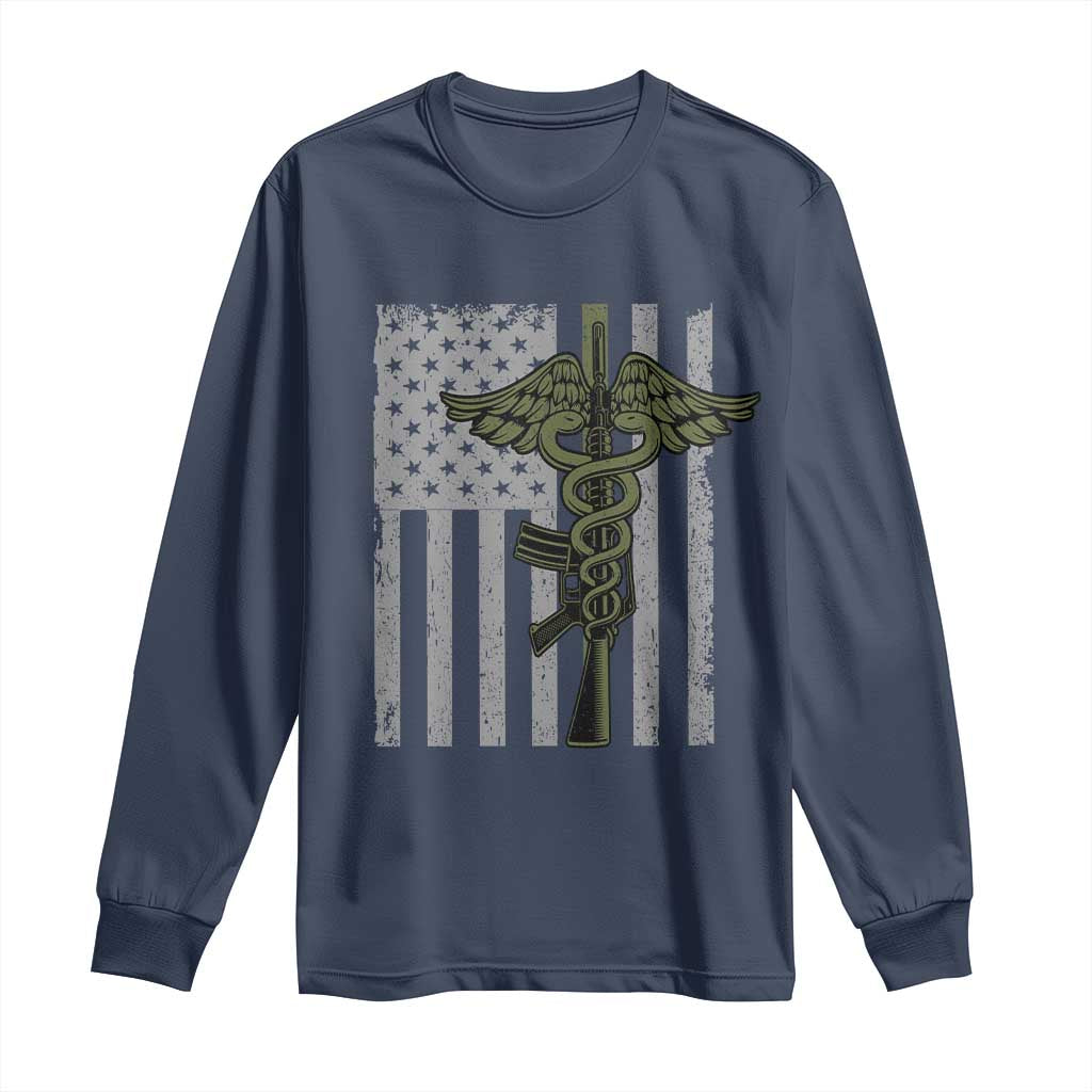 Combat Medic Soldier Long Sleeve Shirt Caduceus Vintage American Flag - Wonder Print Shop