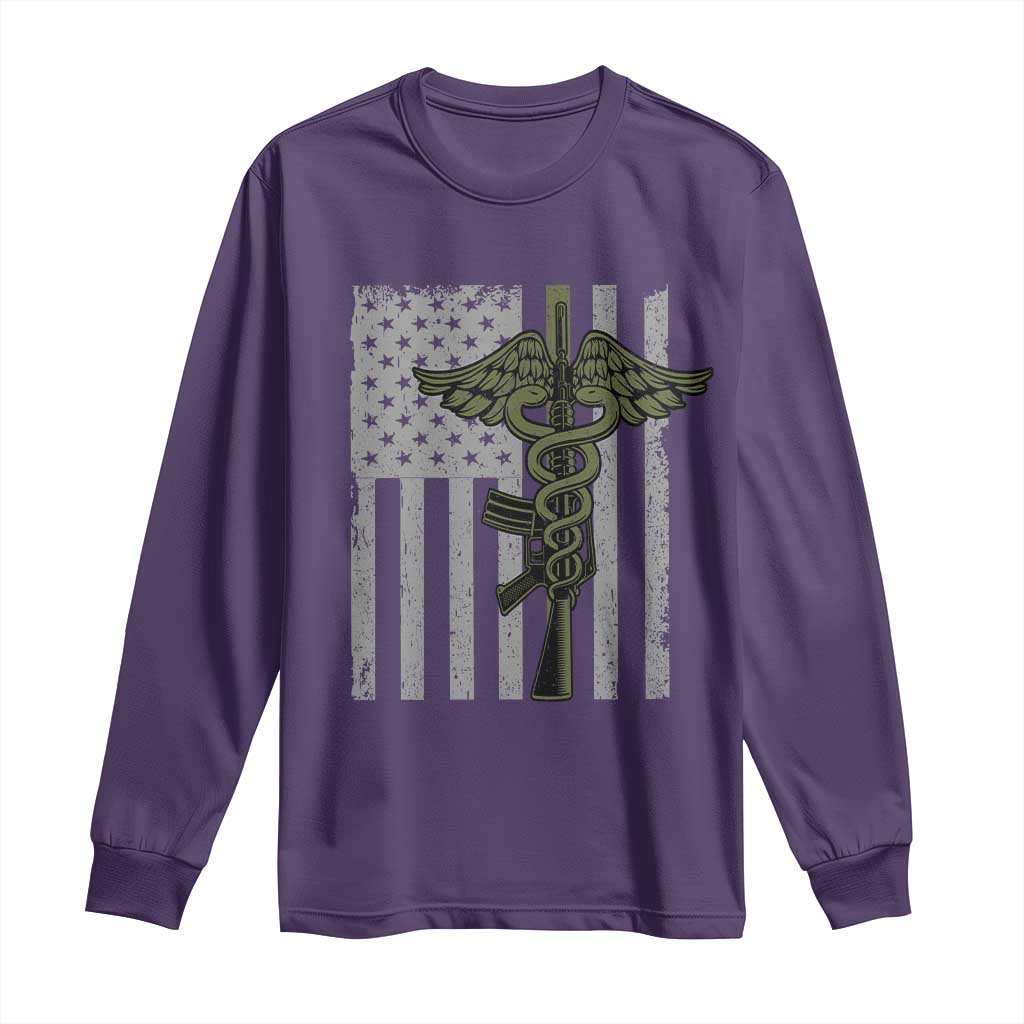 Combat Medic Soldier Long Sleeve Shirt Caduceus Vintage American Flag - Wonder Print Shop