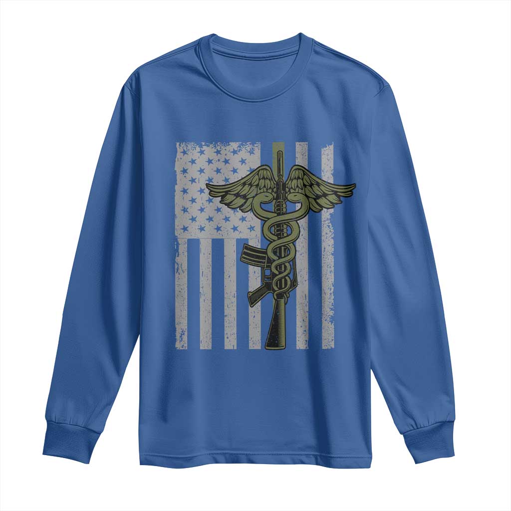 Combat Medic Soldier Long Sleeve Shirt Caduceus Vintage American Flag - Wonder Print Shop