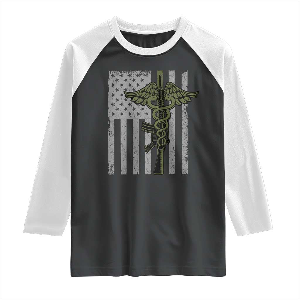 Combat Medic Soldier Raglan Shirt Caduceus Vintage American Flag - Wonder Print Shop
