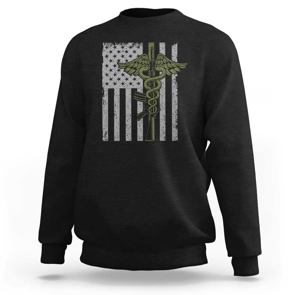 Combat Medic Soldier Sweatshirt Caduceus Vintage American Flag - Wonder Print Shop