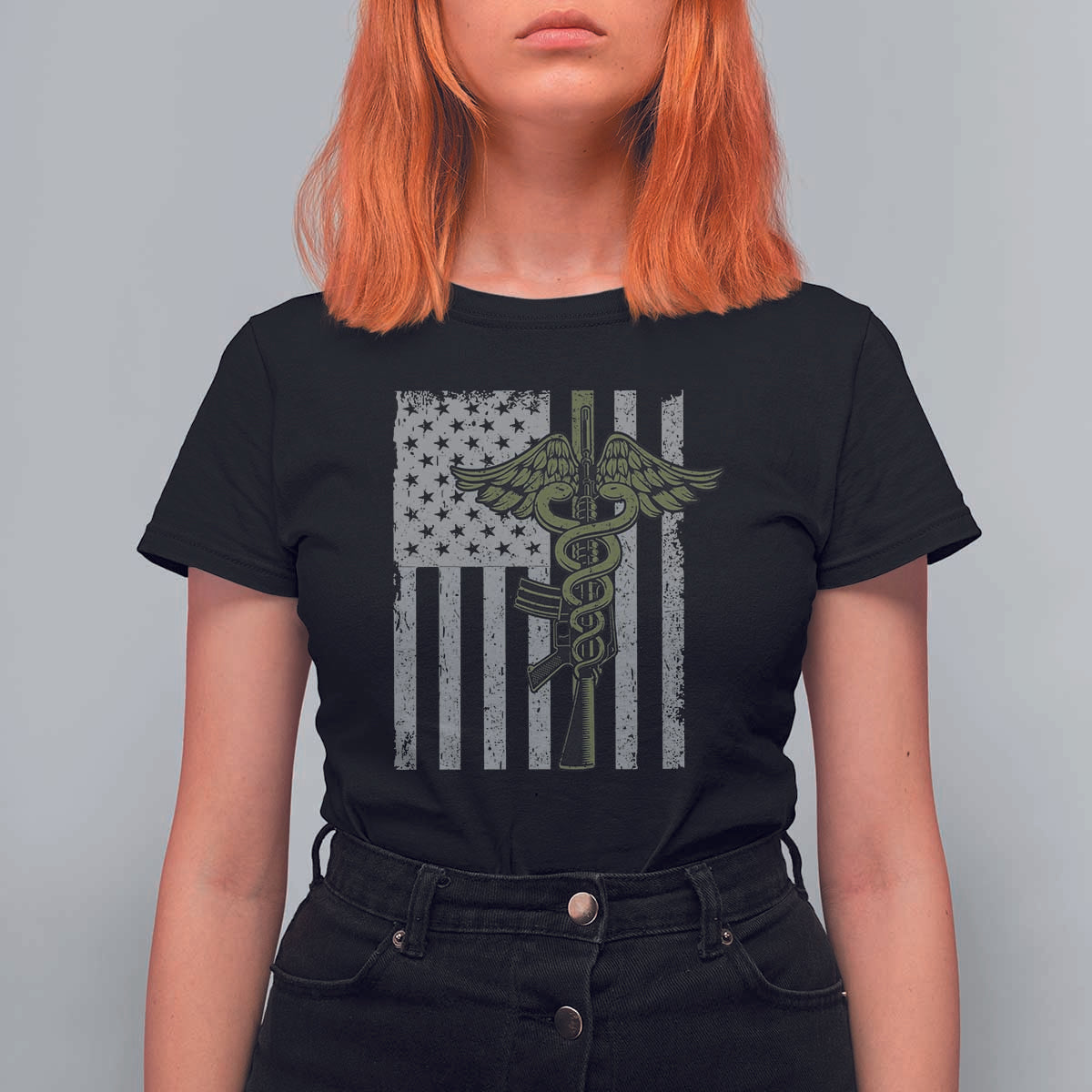 Combat Medic Soldier T Shirt For Women Caduceus Vintage American Flag - Wonder Print Shop