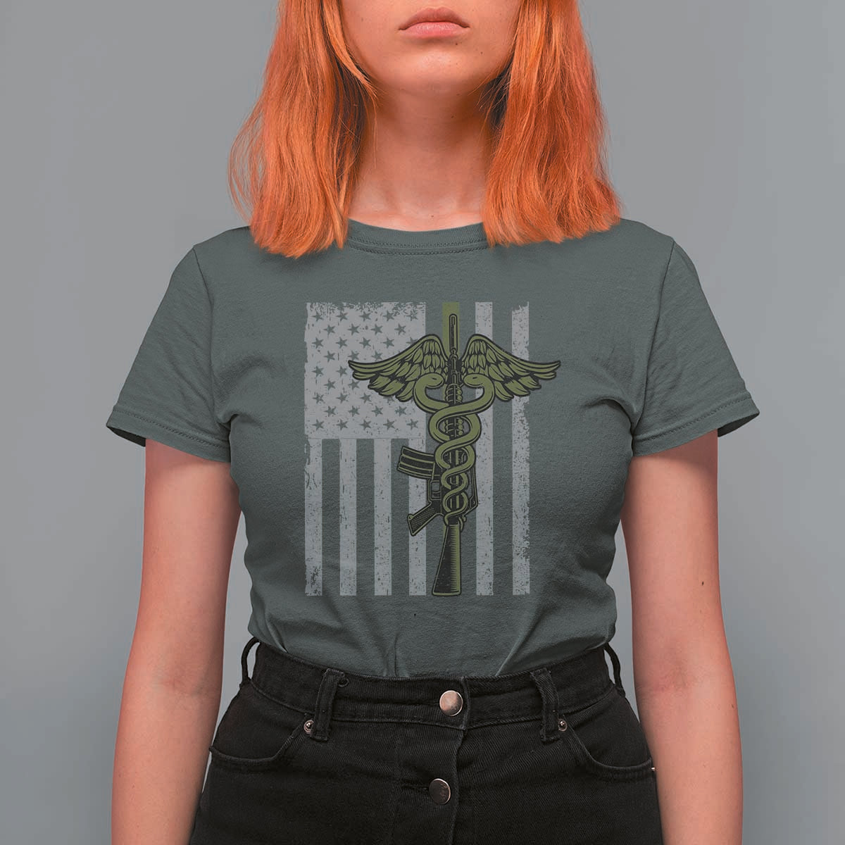 Combat Medic Soldier T Shirt For Women Caduceus Vintage American Flag - Wonder Print Shop