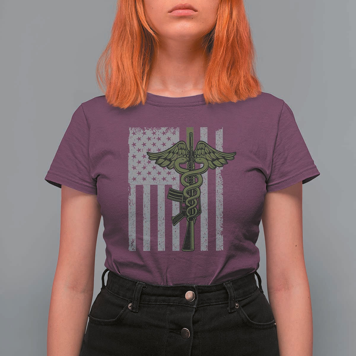 Combat Medic Soldier T Shirt For Women Caduceus Vintage American Flag - Wonder Print Shop