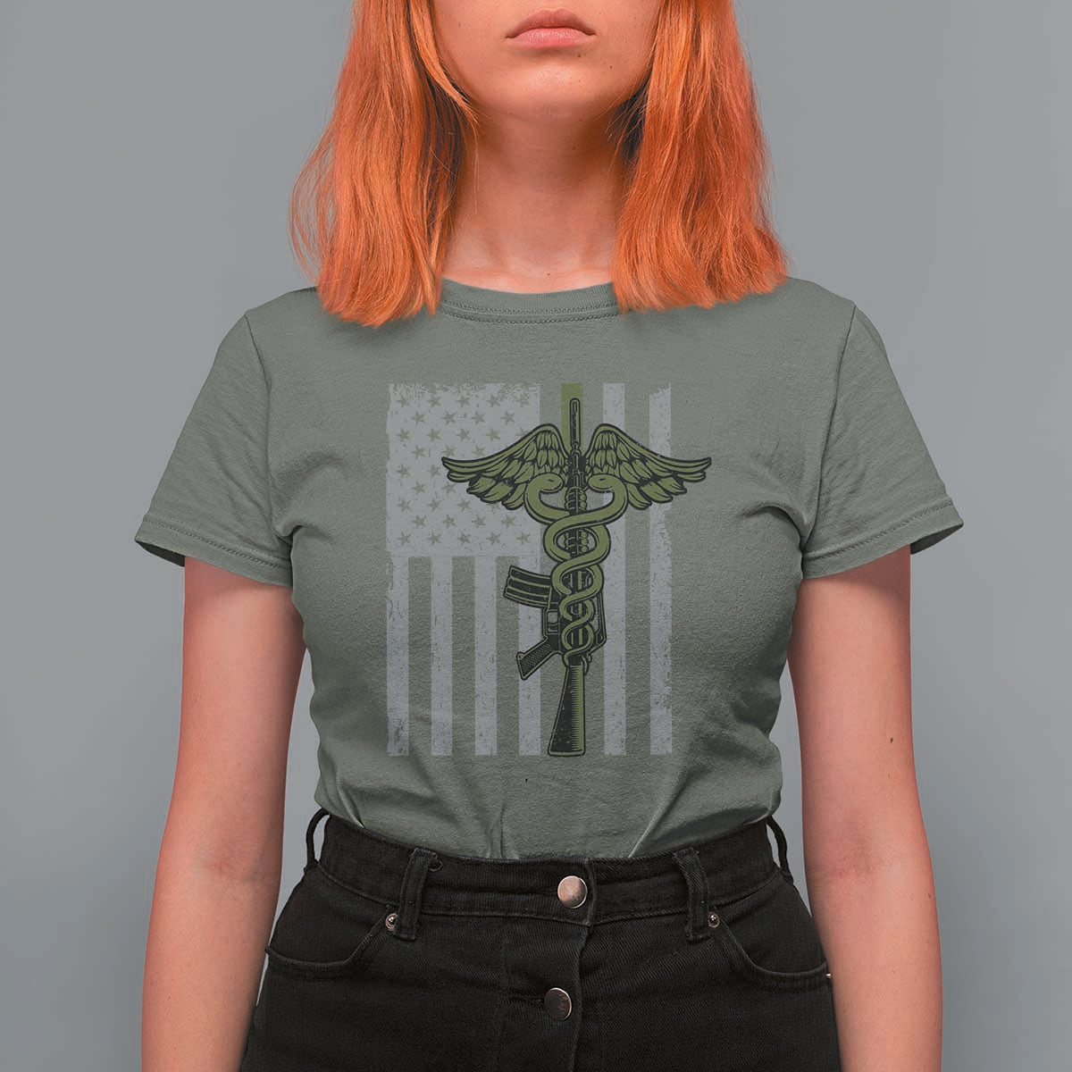 Combat Medic Soldier T Shirt For Women Caduceus Vintage American Flag - Wonder Print Shop