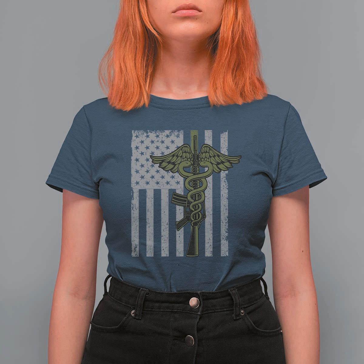 Combat Medic Soldier T Shirt For Women Caduceus Vintage American Flag - Wonder Print Shop