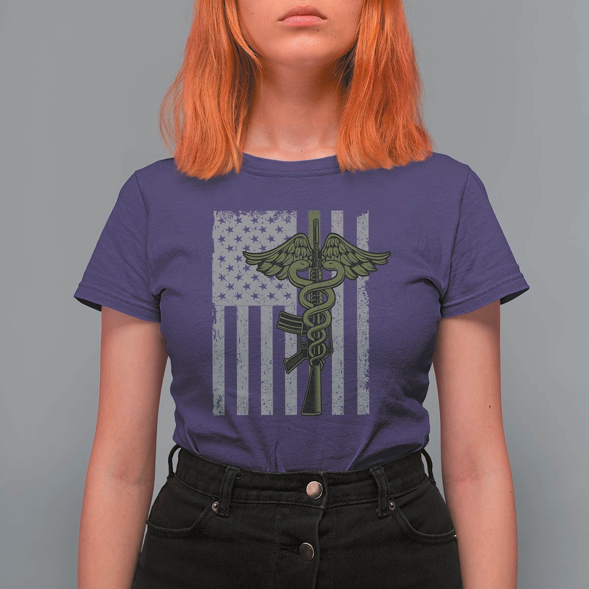 Combat Medic Soldier T Shirt For Women Caduceus Vintage American Flag - Wonder Print Shop