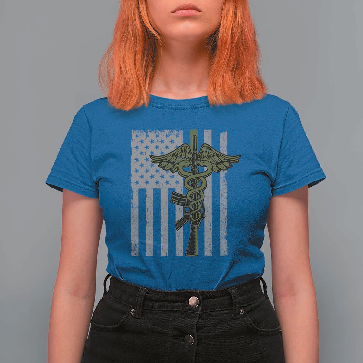 Combat Medic Soldier T Shirt For Women Caduceus Vintage American Flag - Wonder Print Shop