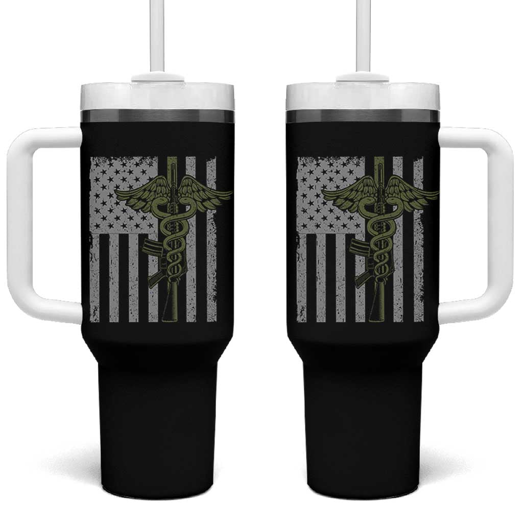 Combat Medic Soldier Tumbler With Handle Caduceus Vintage American Flag - Wonder Print Shop