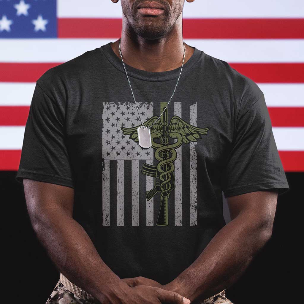 Combat Medic Soldier T Shirt Caduceus Vintage American Flag - Wonder Print Shop