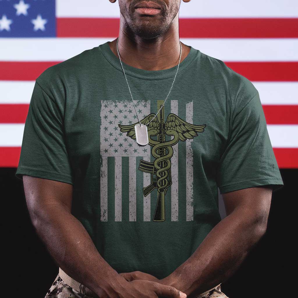 Combat Medic Soldier T Shirt Caduceus Vintage American Flag - Wonder Print Shop