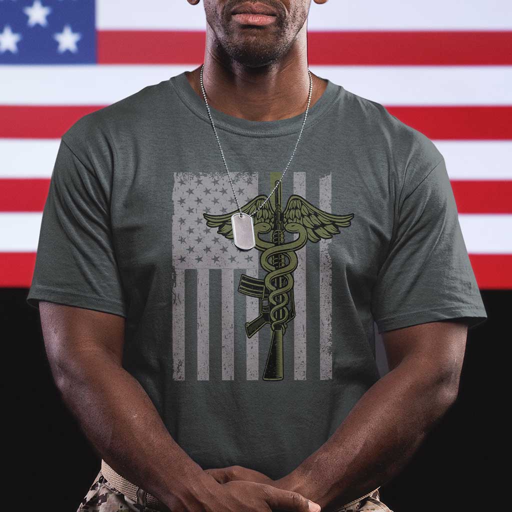 Combat Medic Soldier T Shirt Caduceus Vintage American Flag - Wonder Print Shop