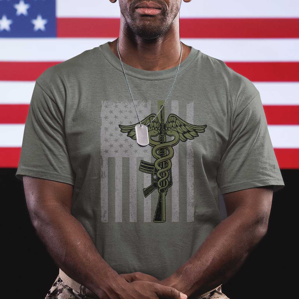 Combat Medic Soldier T Shirt Caduceus Vintage American Flag - Wonder Print Shop