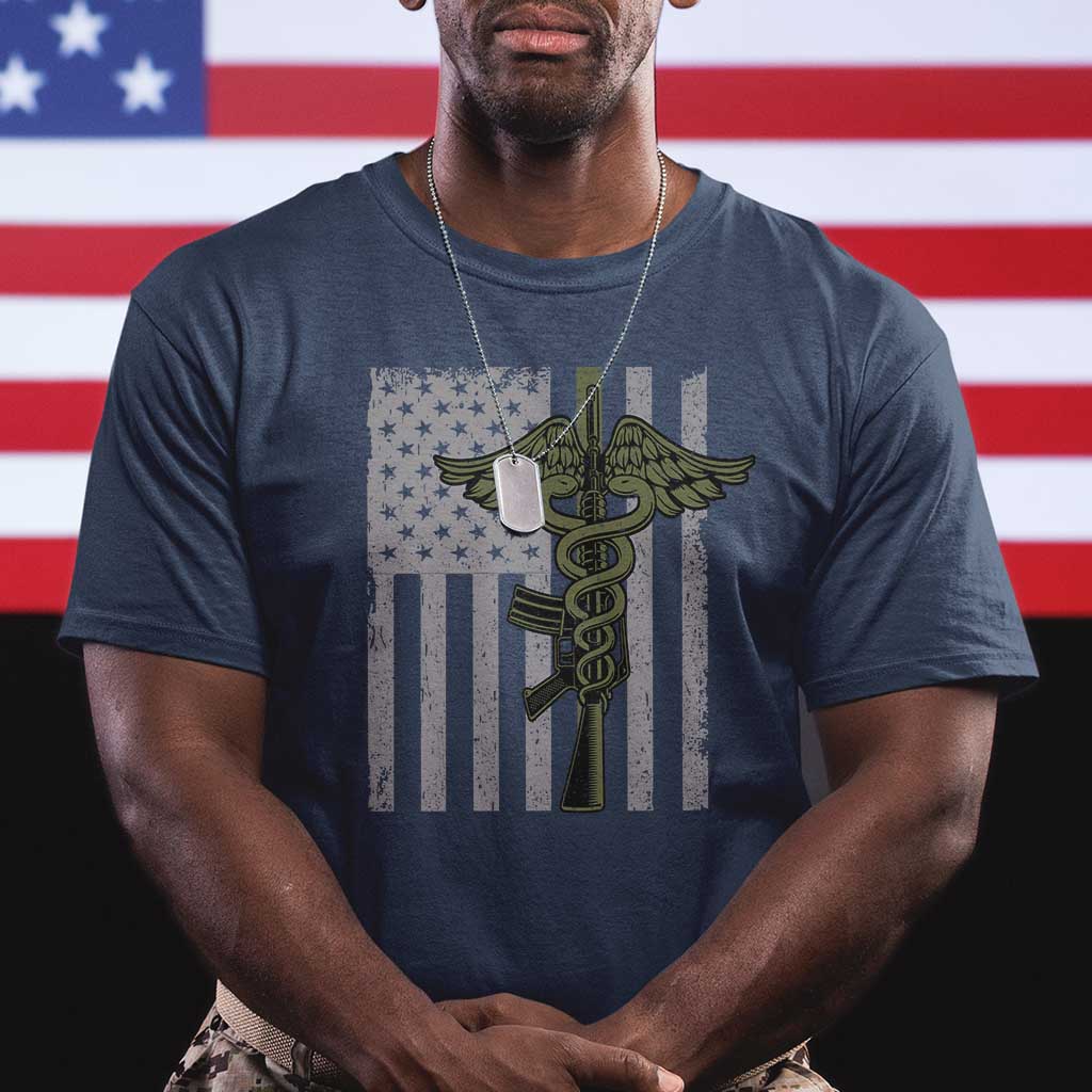 Combat Medic Soldier T Shirt Caduceus Vintage American Flag - Wonder Print Shop