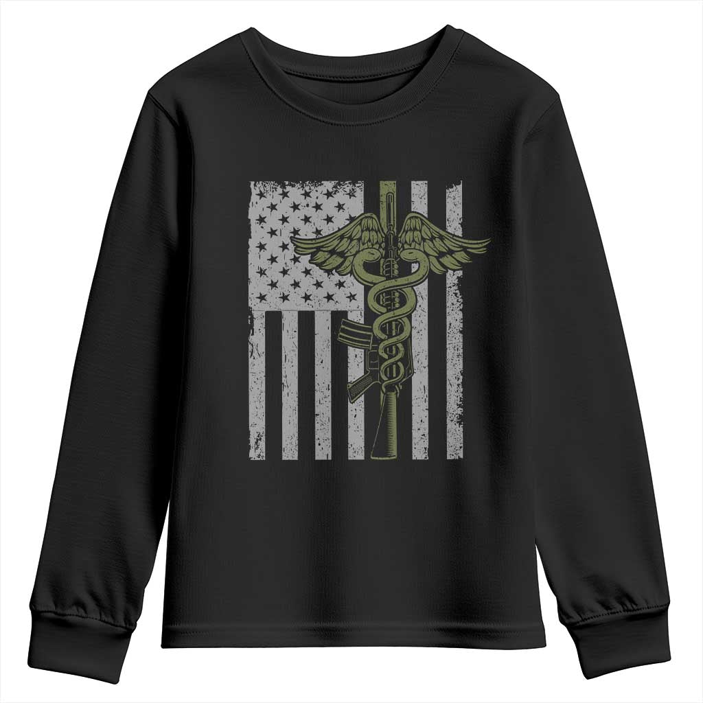 Combat Medic Soldier Youth Sweatshirt Caduceus Vintage American Flag - Wonder Print Shop