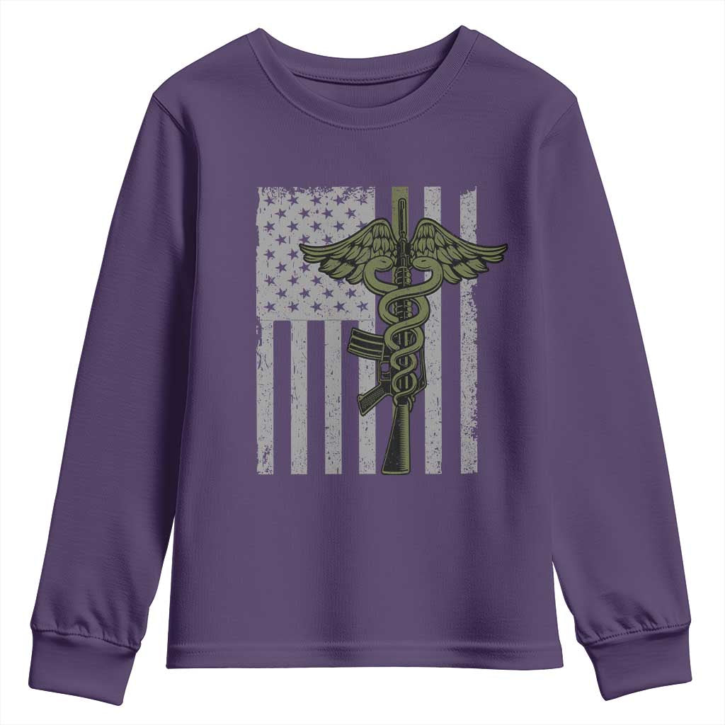 Combat Medic Soldier Youth Sweatshirt Caduceus Vintage American Flag - Wonder Print Shop