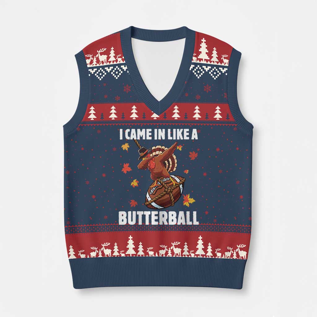 Funny I Came In Like A Butterball V-Neck Knit Sweater Vest Thanksgiving Dabbing Turkey - Wonder Print Shop