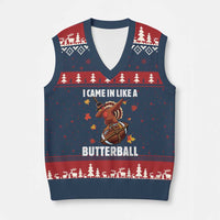 Funny I Came In Like A Butterball V-Neck Knit Sweater Vest Thanksgiving Dabbing Turkey - Wonder Print Shop