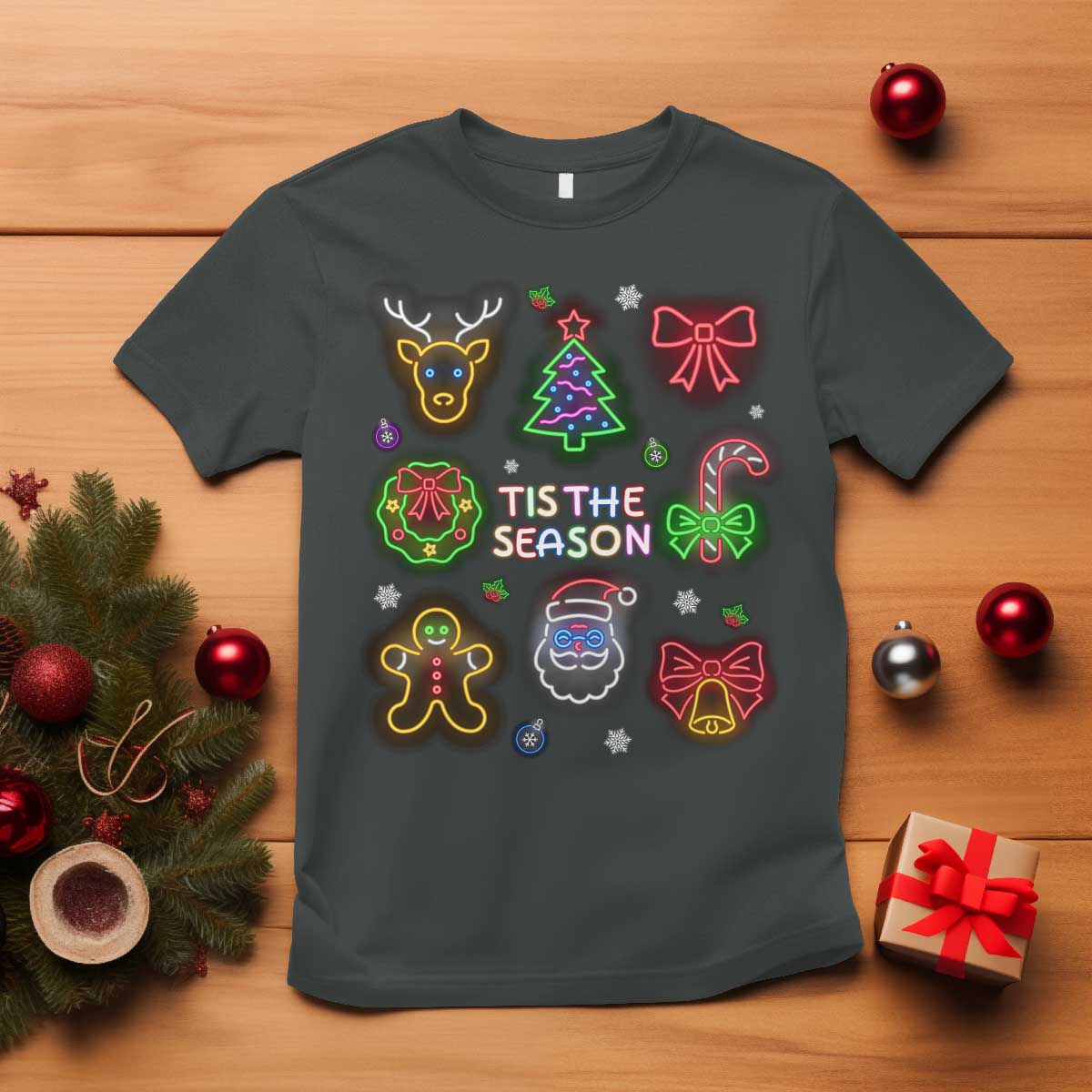 Funny Christmas T Shirt Tis The Season Neon Lights Santa Gingerbread - Wonder Print Shop