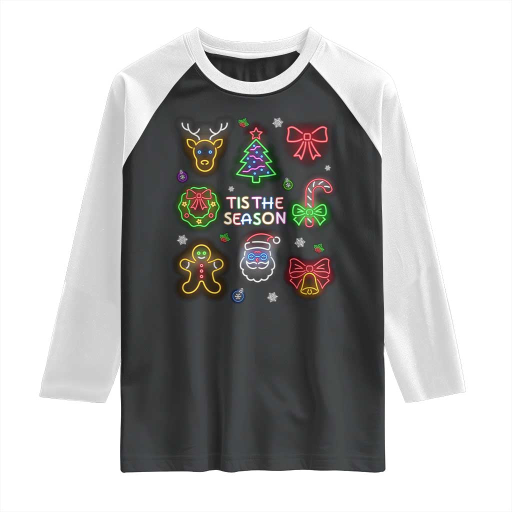 Funny Christmas Raglan Shirt Tis The Season Neon Lights Santa Gingerbread - Wonder Print Shop