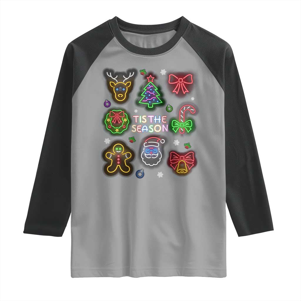 Funny Christmas Raglan Shirt Tis The Season Neon Lights Santa Gingerbread - Wonder Print Shop