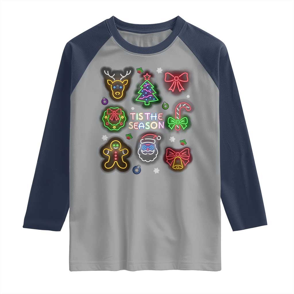 Funny Christmas Raglan Shirt Tis The Season Neon Lights Santa Gingerbread - Wonder Print Shop