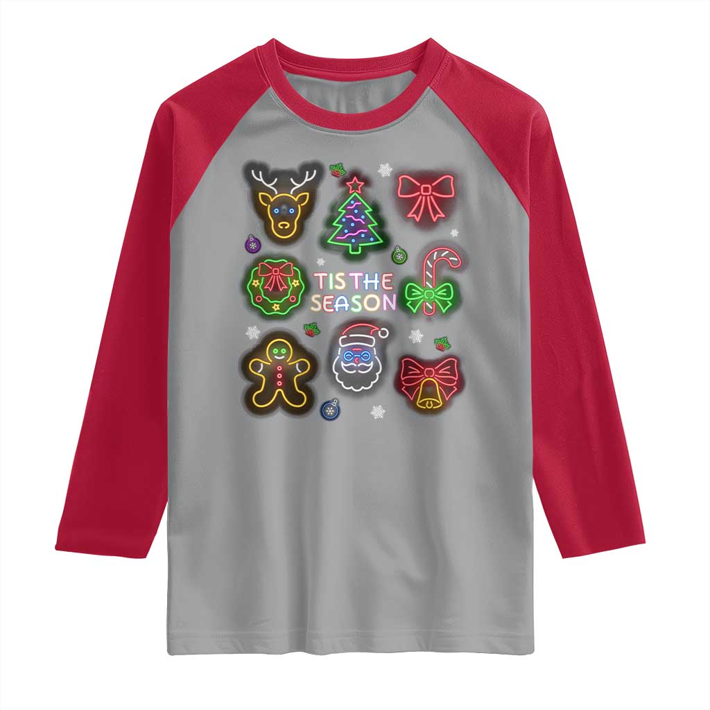 Funny Christmas Raglan Shirt Tis The Season Neon Lights Santa Gingerbread - Wonder Print Shop