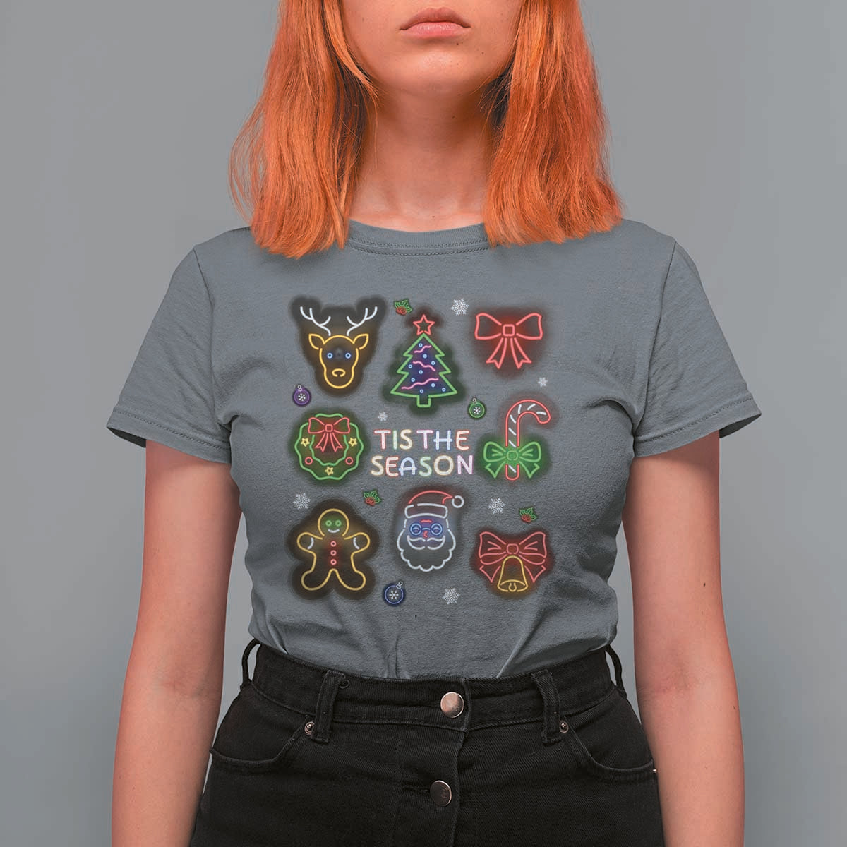 Funny Christmas T Shirt For Women Tis The Season Neon Lights Santa Gingerbread - Wonder Print Shop