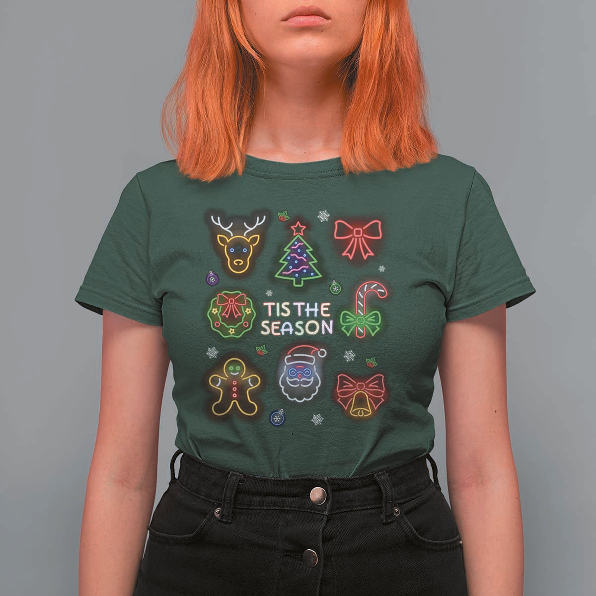 Funny Christmas T Shirt For Women Tis The Season Neon Lights Santa Gingerbread - Wonder Print Shop