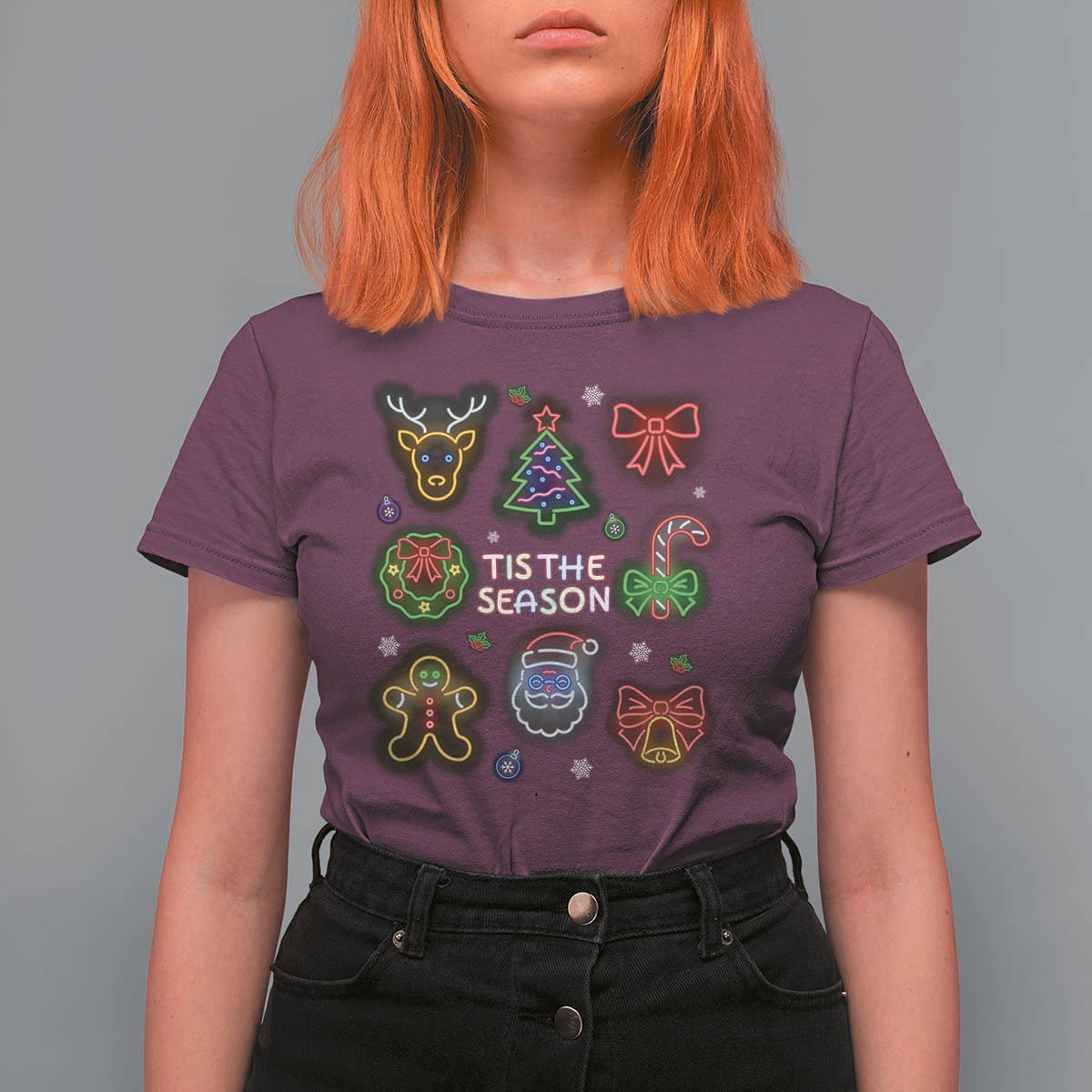 Funny Christmas T Shirt For Women Tis The Season Neon Lights Santa Gingerbread - Wonder Print Shop