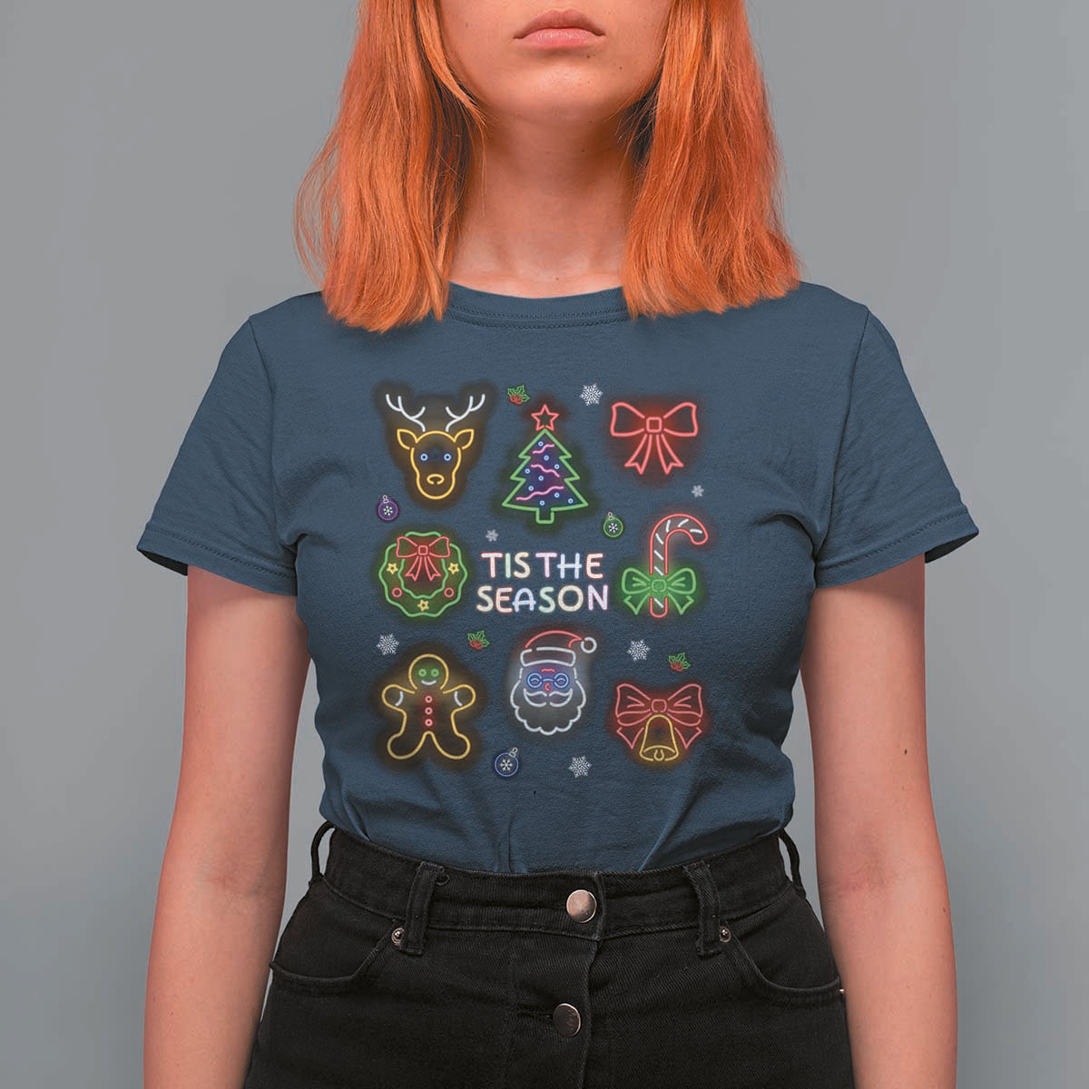 Funny Christmas T Shirt For Women Tis The Season Neon Lights Santa Gingerbread - Wonder Print Shop