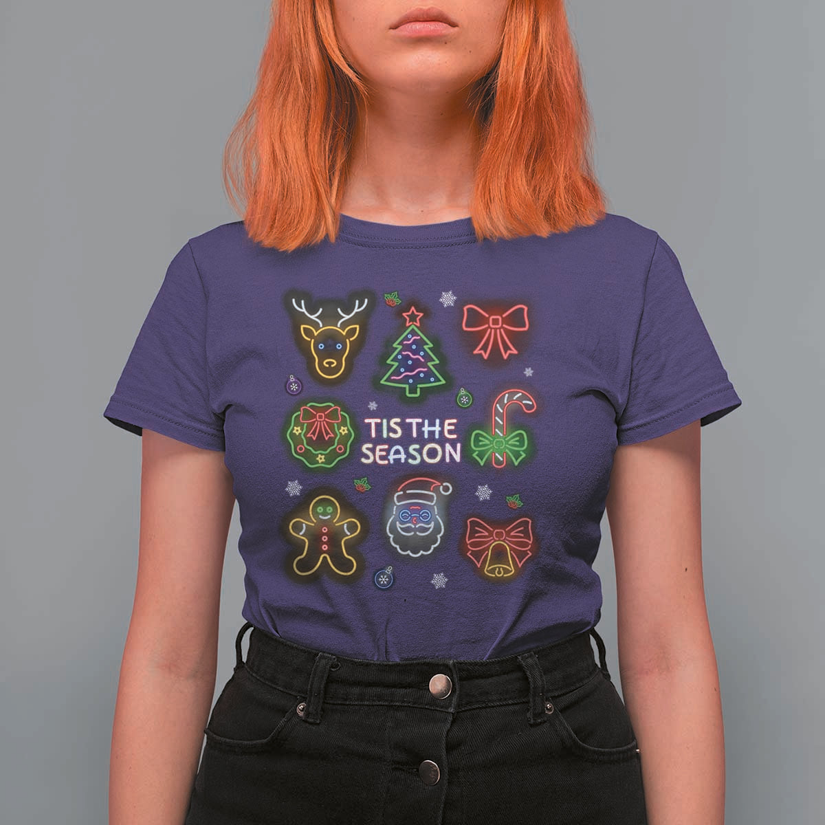 Funny Christmas T Shirt For Women Tis The Season Neon Lights Santa Gingerbread - Wonder Print Shop