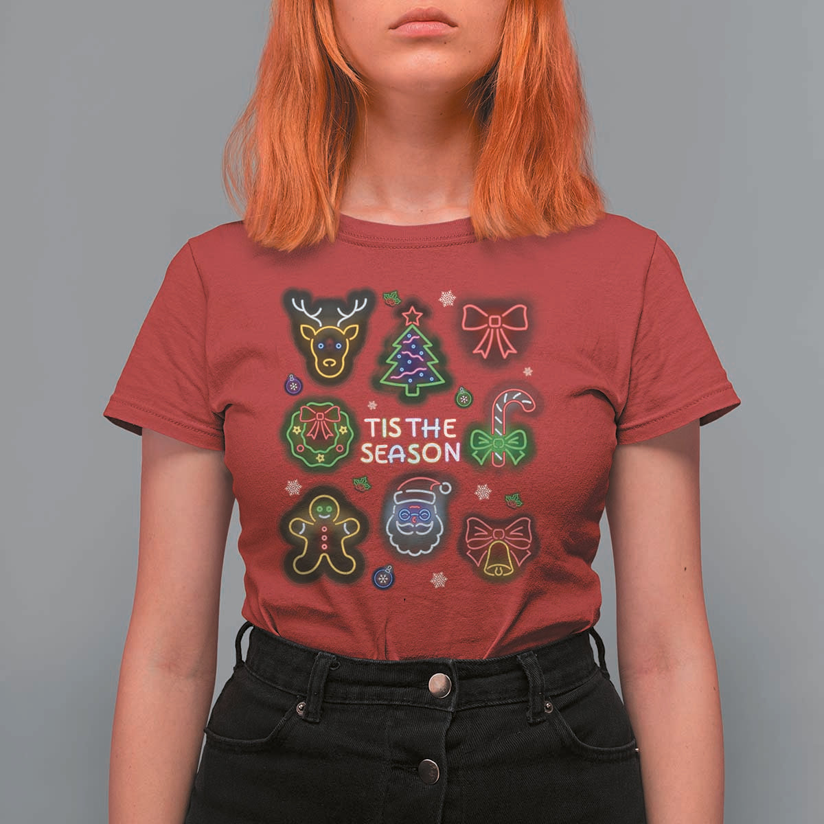 Funny Christmas T Shirt For Women Tis The Season Neon Lights Santa Gingerbread - Wonder Print Shop