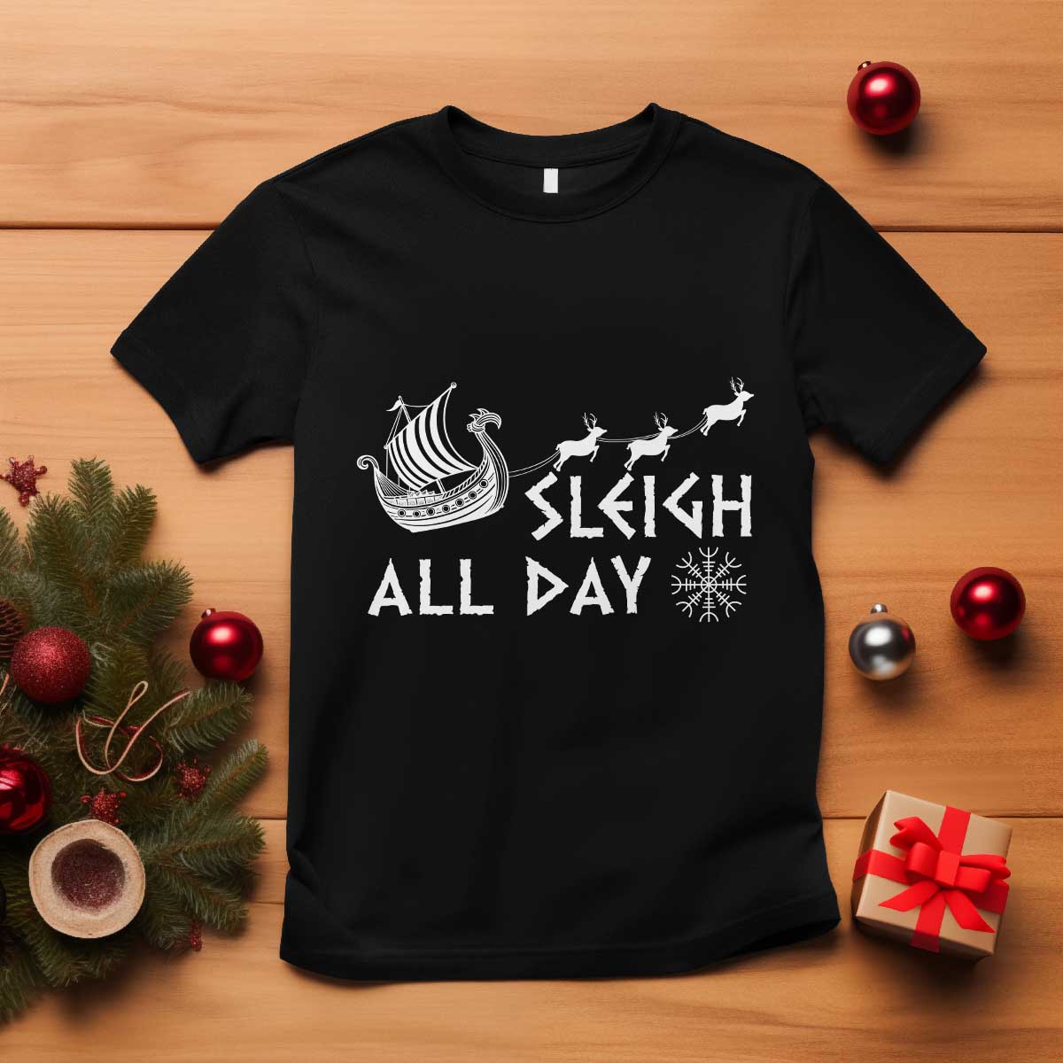Christmas Viking T Shirt Sleigh All Day Reindeers Longships - Wonder Print Shop