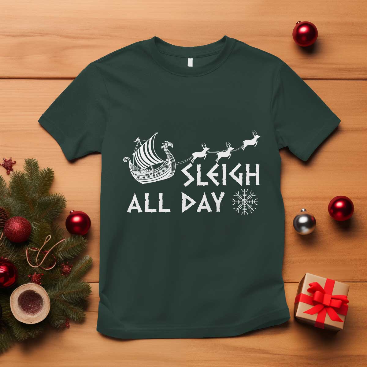Christmas Viking T Shirt Sleigh All Day Reindeers Longships - Wonder Print Shop