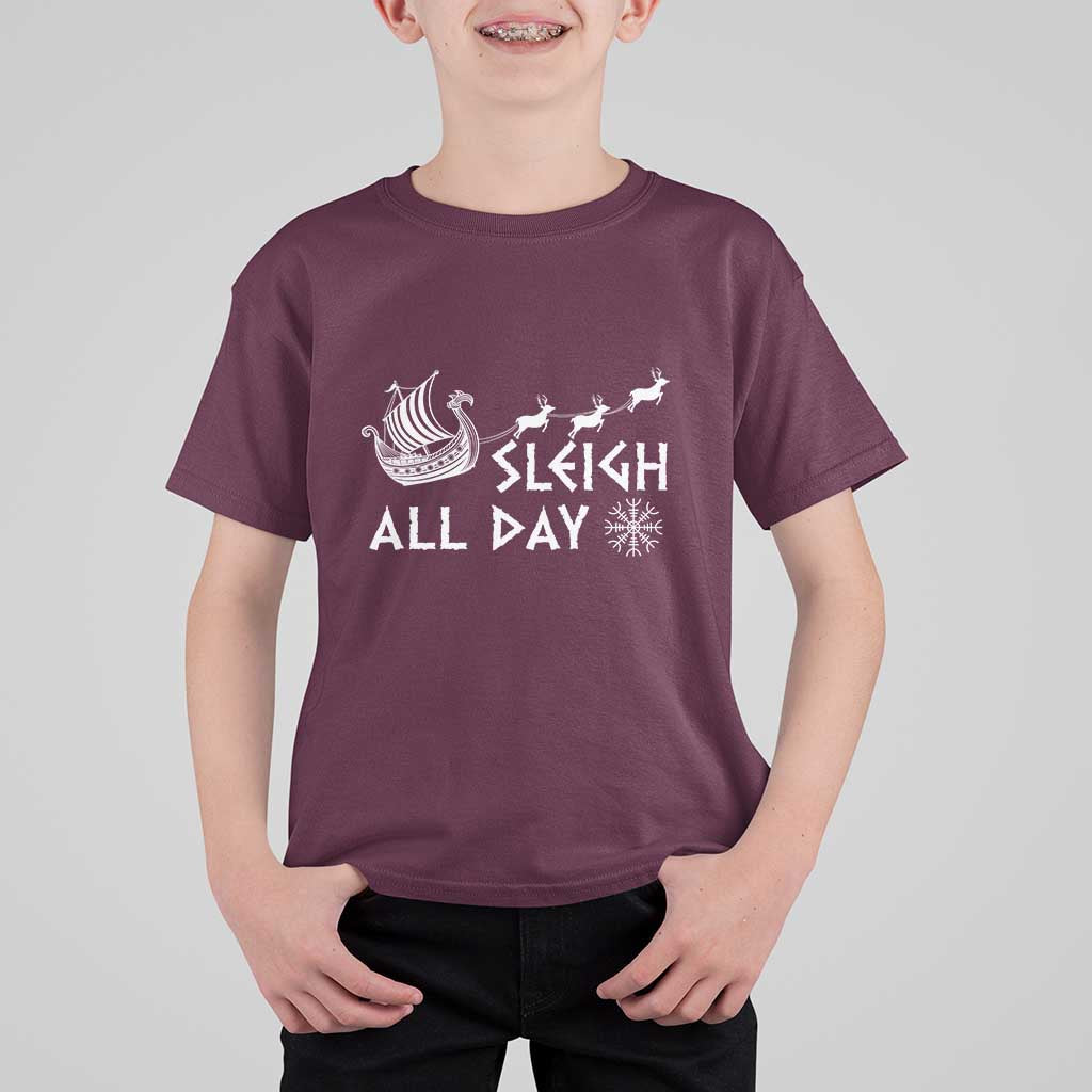 Christmas Viking T Shirt For Kid Sleigh All Day Reindeers Longships - Wonder Print Shop